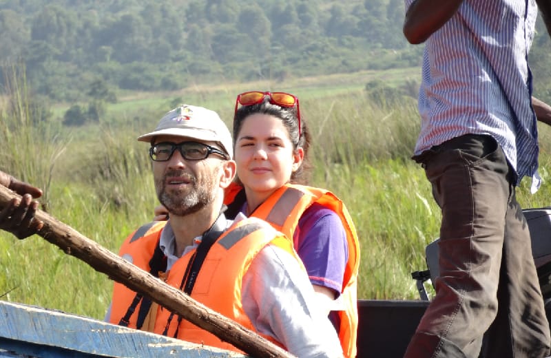 Our clients in a boat canoe in searching of the ellusive shoebill at mabamba wetland