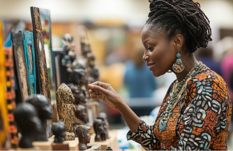  Woman Checking out African art 